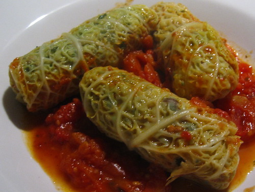 Filled green cabbage in tomato sauce