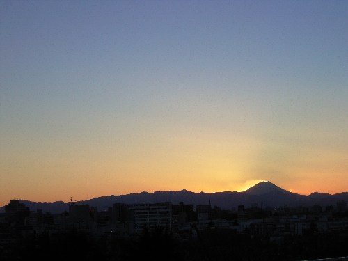 Setting sun behind Mt. Fuji
